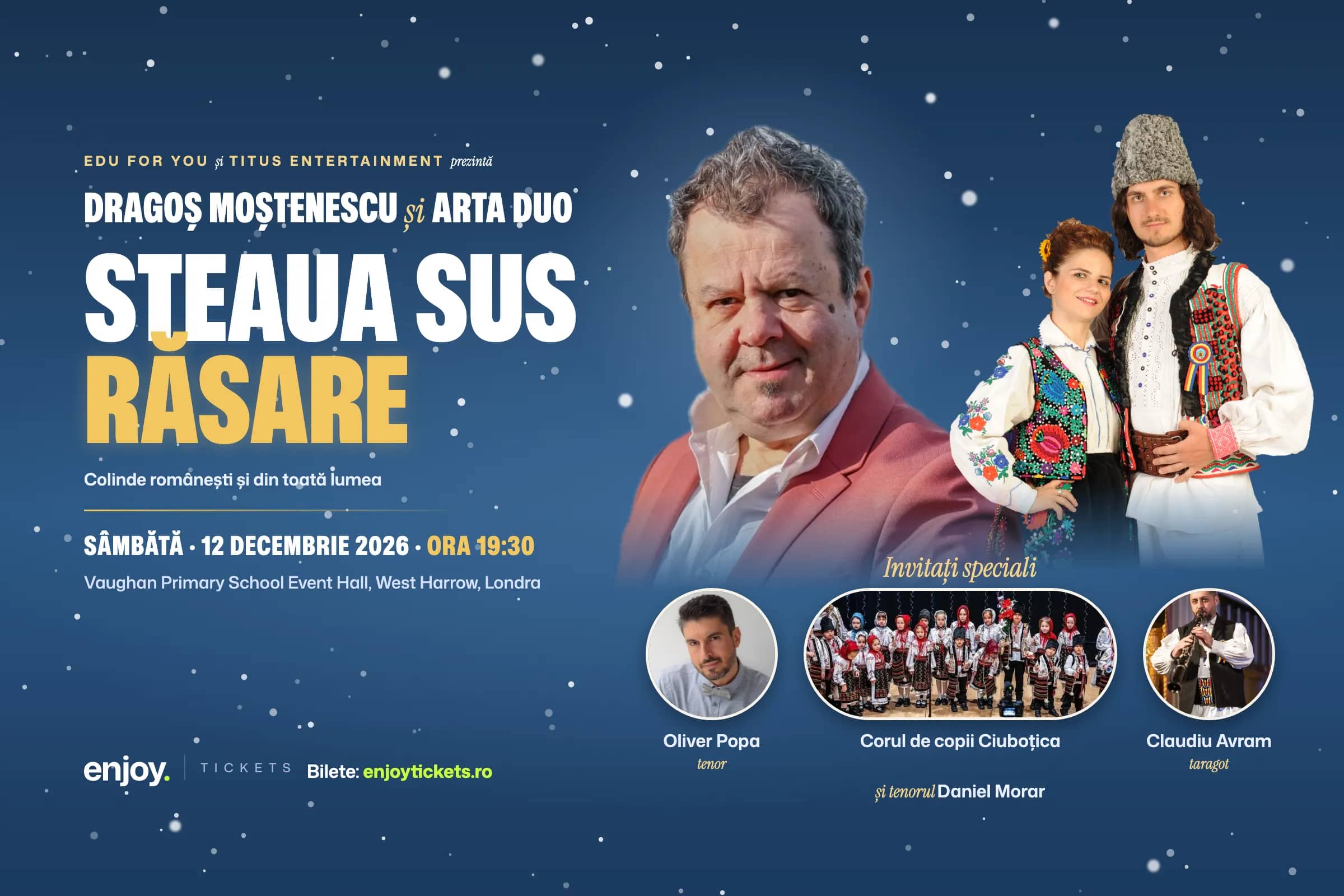 Steaua sus răsare poster: Dragoș Moștenescu and ARTA DUO in Romanian folk costume, Saturday 12 December 2026, Vaughan Primary School Event Hall, West Harrow